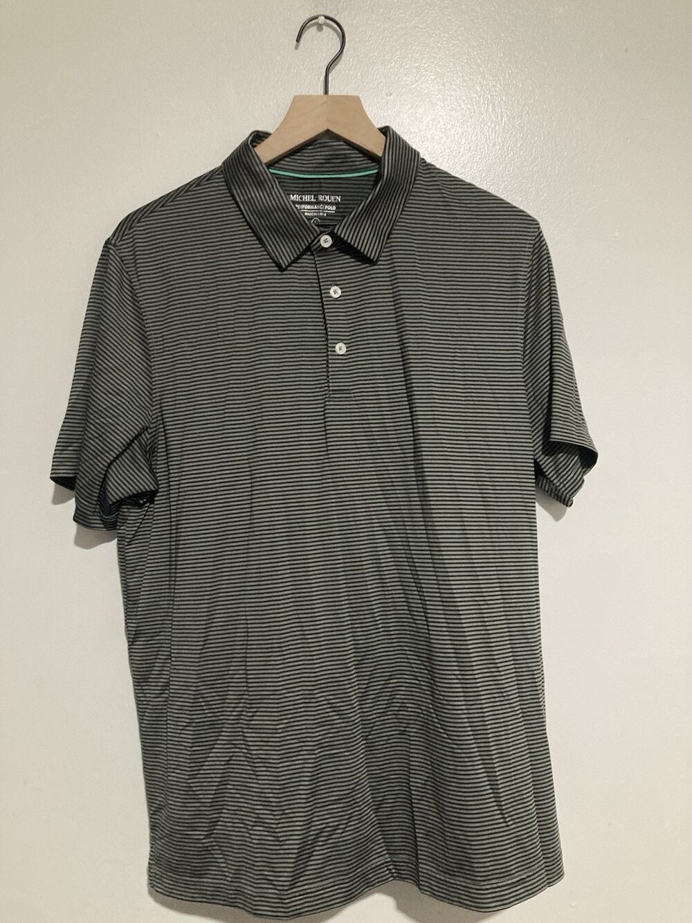 MICHEL ROUEN Large Performance Golf Polo Men's Blue Gray Stripe Shirt